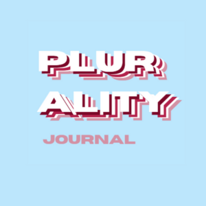 Square banner banner with a baby blue background and pink and white text that reads: PLURALITY JOURNAL